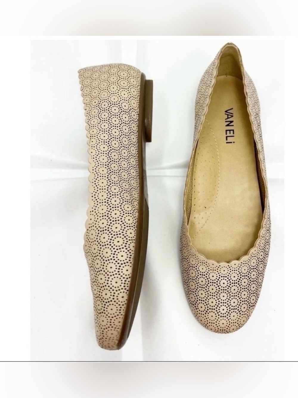 Vaneli Beige Perforated Scallop-Edge Ballet Flats